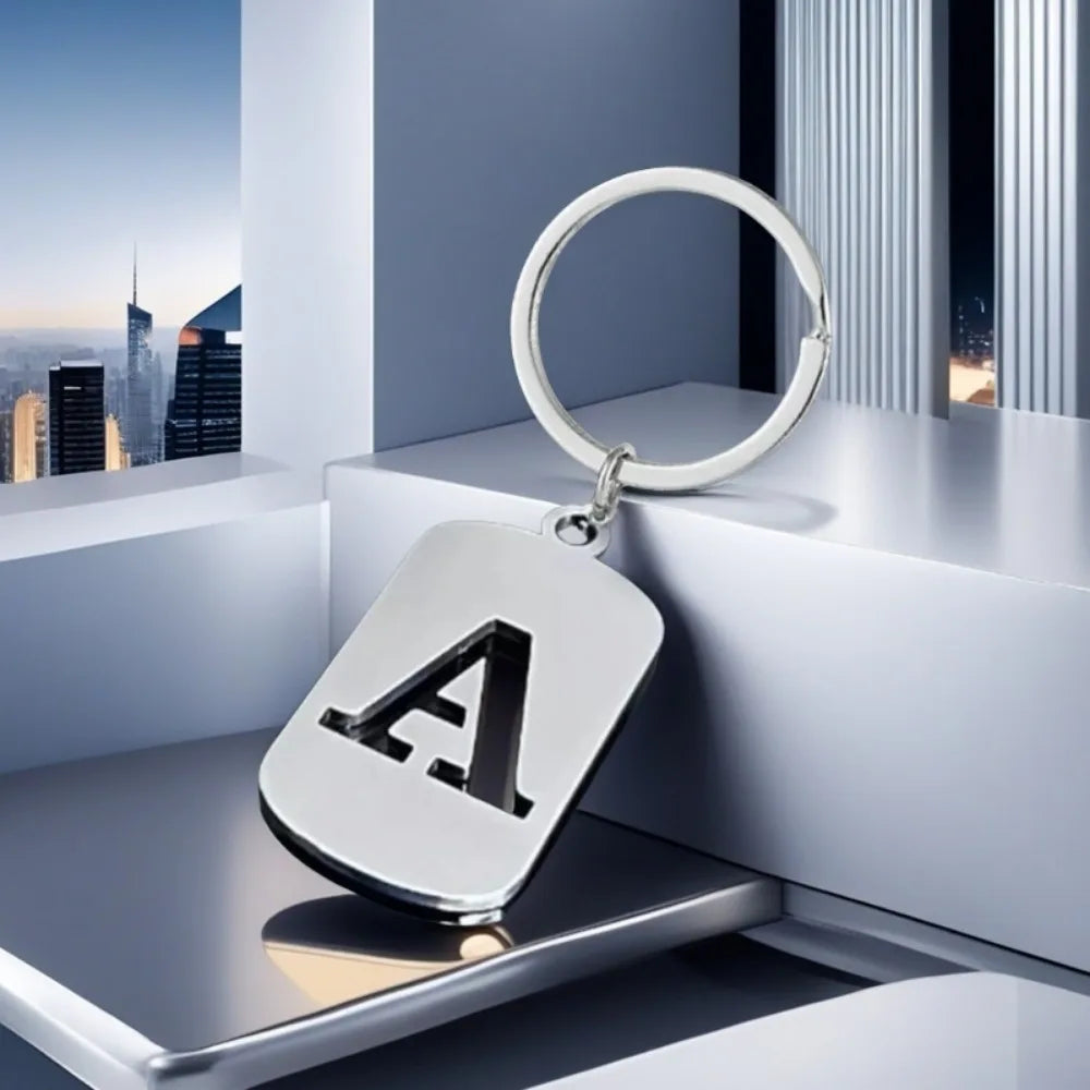 Popular A-Z Square Brand Stainless Steel Keychain 26 Letter Keyring Pendant Key Ring Buckle Chains for Car Motorcyle Gift