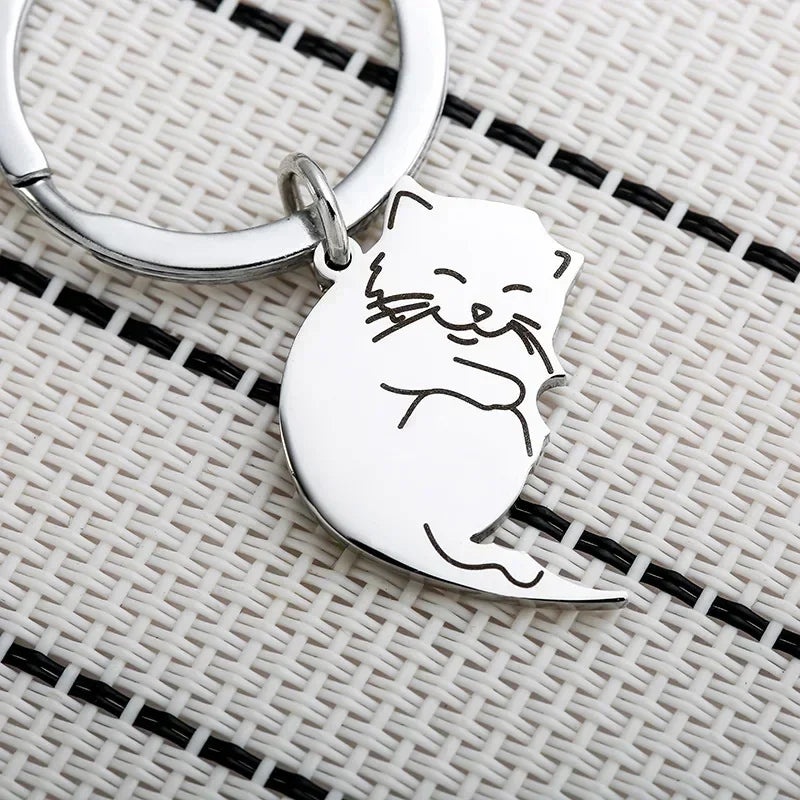 Valentine Creative Black and White Cartoon Cat Keychain Stainless Steel Keyring Y2K Cute Key Ring Chain Embrace Lovers Gift