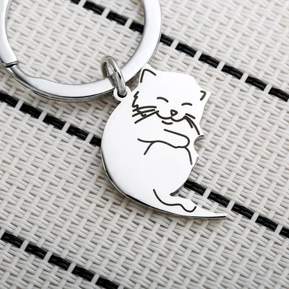 Valentine Creative Black and White Cartoon Cat Keychain Stainless Steel Keyring Y2K Cute Key Ring Chain Embrace Lovers Gift