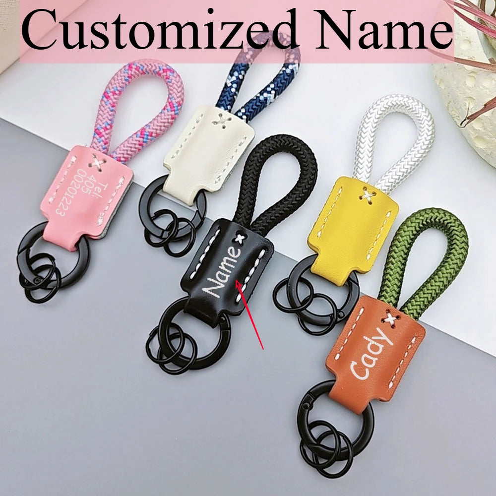 New Leather Braid Rope Keychain Personalized Custom Name Engrave Keyring Anti-lost with Handmade Car Pendant Key Chain Ring Gift