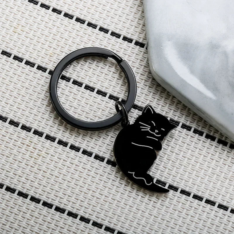 Valentine Creative Black and White Cartoon Cat Keychain Stainless Steel Keyring Y2K Cute Key Ring Chain Embrace Lovers Gift