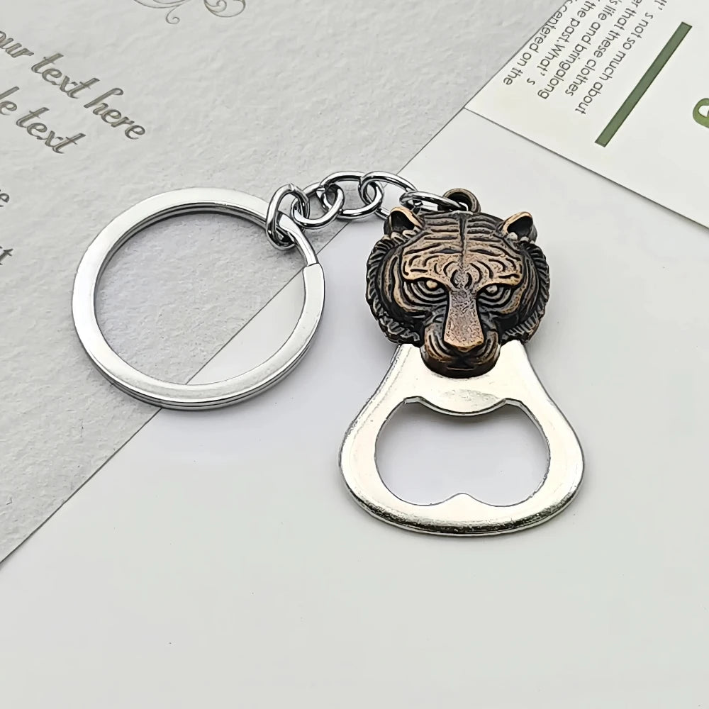 Relief Animal Bronze Color Keychain Metal Tiger Head Bottle Opener Keyring Portable Key Chain Ring for Collectible Souvenir Gift