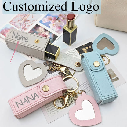 New Portable Lipstick Bag Packet Heart Mirror Keychain Mini Leather Custom Logo Name Key Chain Ring Small Versatile Keyring Gift
