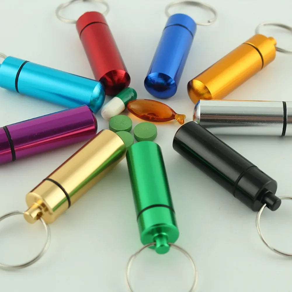 Custom Logo Name Portable Medicine Bottle Metal Mini Pendant Keychain Hanging Bottle Seal Up Waterproof Container Keyring Gift