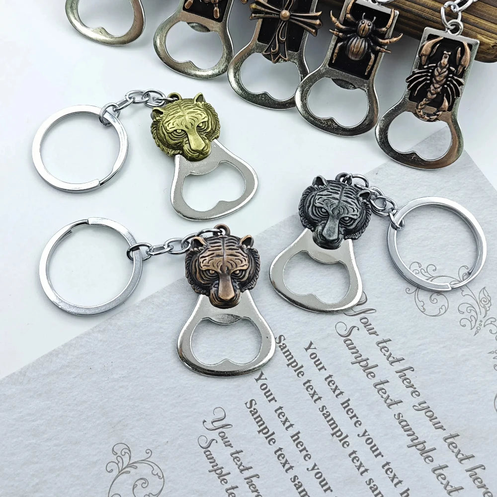 Relief Animal Bronze Color Keychain Metal Tiger Head Bottle Opener Keyring Portable Key Chain Ring for Collectible Souvenir Gift