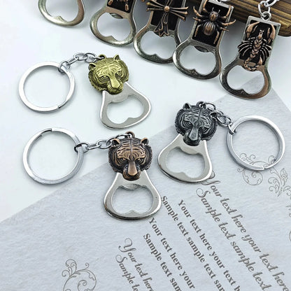 Relief Animal Bronze Color Keychain Metal Tiger Head Bottle Opener Keyring Portable Key Chain Ring for Collectible Souvenir Gift