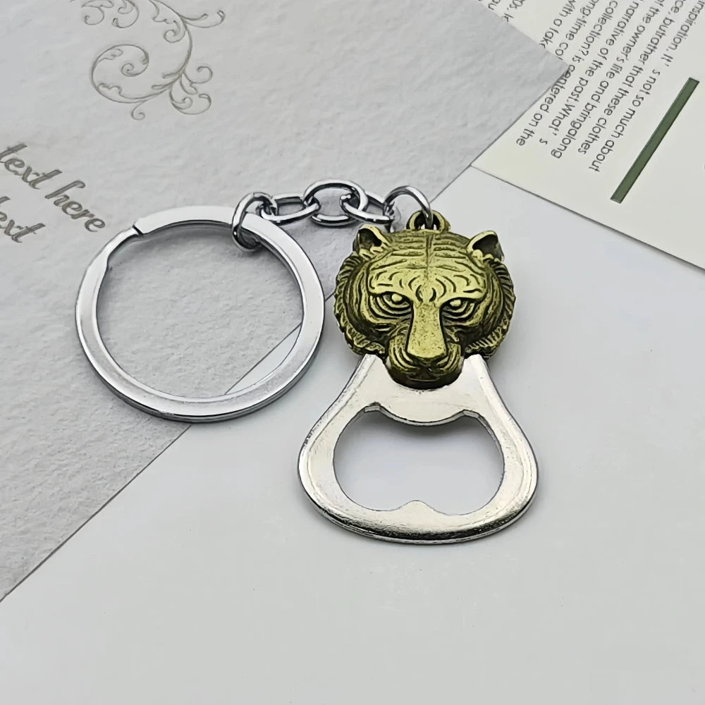 Relief Animal Bronze Color Keychain Metal Tiger Head Bottle Opener Keyring Portable Key Chain Ring for Collectible Souvenir Gift