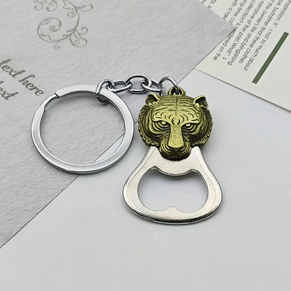 Relief Animal Bronze Color Keychain Metal Tiger Head Bottle Opener Keyring Portable Key Chain Ring for Collectible Souvenir Gift