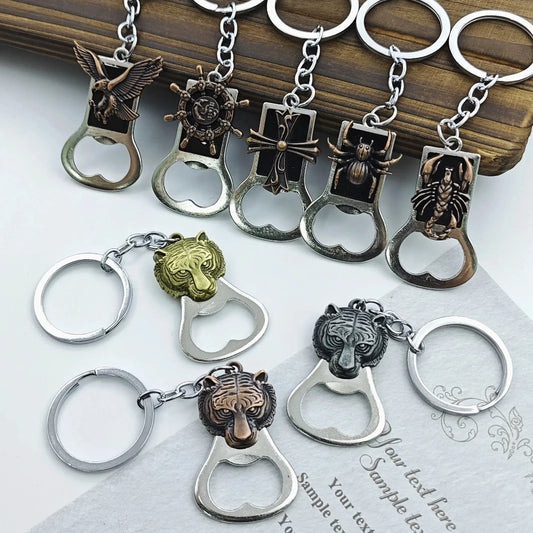 Relief Animal Bronze Color Keychain Metal Tiger Head Bottle Opener Keyring Portable Key Chain Ring for Collectible Souvenir Gift