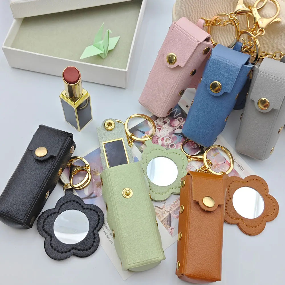 New Portable Lipstick Bag Packet Flower Mirror Keychain Mini Leather Backpack Hangings Key Chain Ring Small Keyring Gift