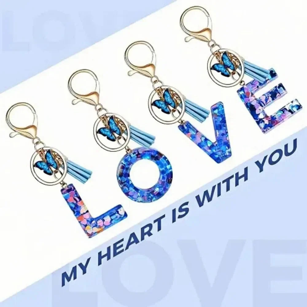 New Personalized 26 Letter Keyring Blue Y2k Cute Love Butterfly Keychain for Bag Acrylic Pendant Key Ring Chain Gift