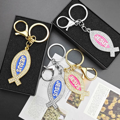 Cartoon Metal Fish Shaped Keychain Originality I Love Jesus Letter Keyring Shining Car Creative Key Chain Ring Souvenir Gift