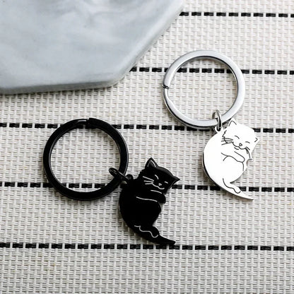 Valentine Creative Black and White Cartoon Cat Keychain Stainless Steel Keyring Y2K Cute Key Ring Chain Embrace Lovers Gift