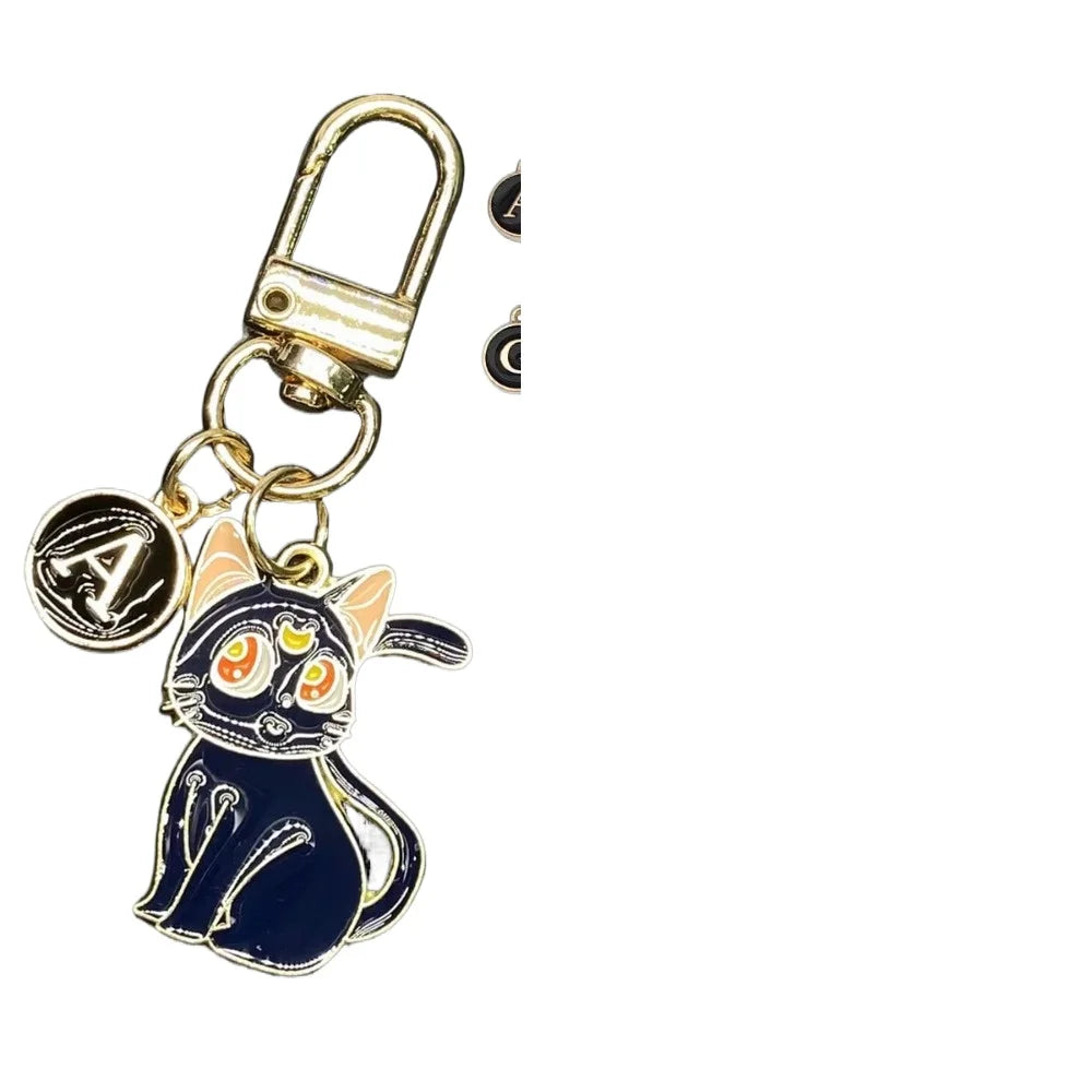 Cartoon A-Z 26 Letter Black and White Cat Keychain Bestie Couple Style Keyring Cute Backpack Car Motorcyle Pendant Key Ring Gif