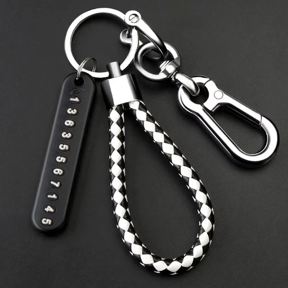 Trendy DIY Mobile Phone Number Plate Keychain Simple Woven Rope Leather Pendant Keyring Anti-lost Car Moto Key Chain Ring Gift