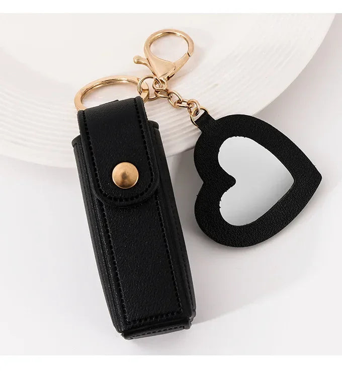 New Portable Lipstick Bag Packet Heart Mirror Keychain Mini Leather Custom Logo Name Key Chain Ring Small Versatile Keyring Gift