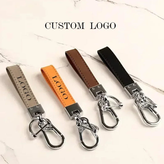 Custom LOGO Name Genuine Leather Portable Car Keychain Creative and Simple Key Chains High-end Elite Keyring Small Pendant Gift