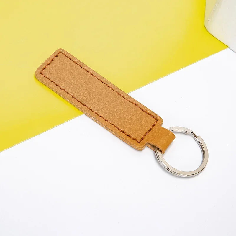 Custom Logo Name PU Leather Keychain Double-sided Wire Bag Car Moto Metal Keyring Pendant Simple Pendant for Men and Women Gift