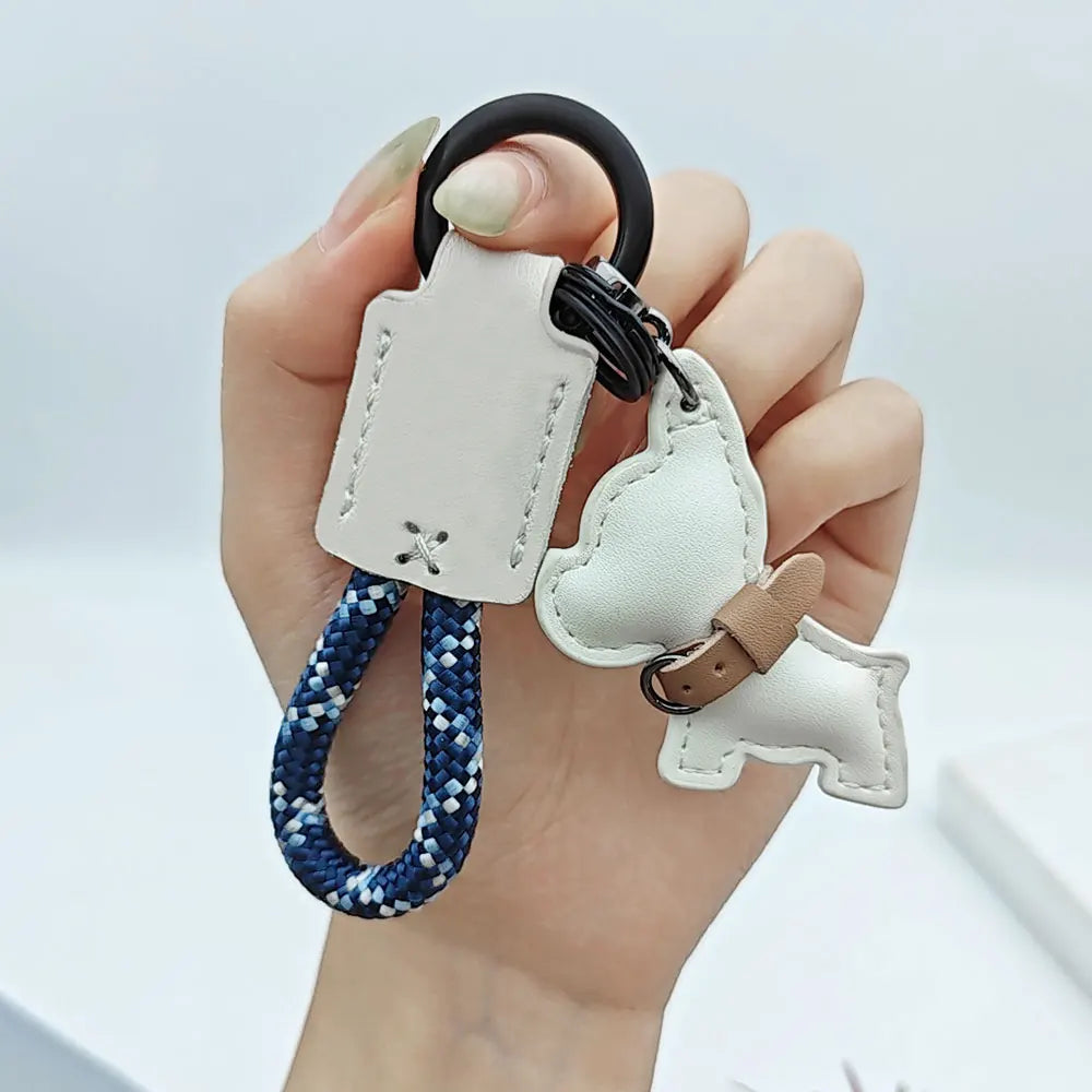 Cartoon Law Fighting Dog Keychain Woven Rope Keyring Custom Name Leather Key Chain Ring Scratch Resistant Prevent Loss Bag Gift