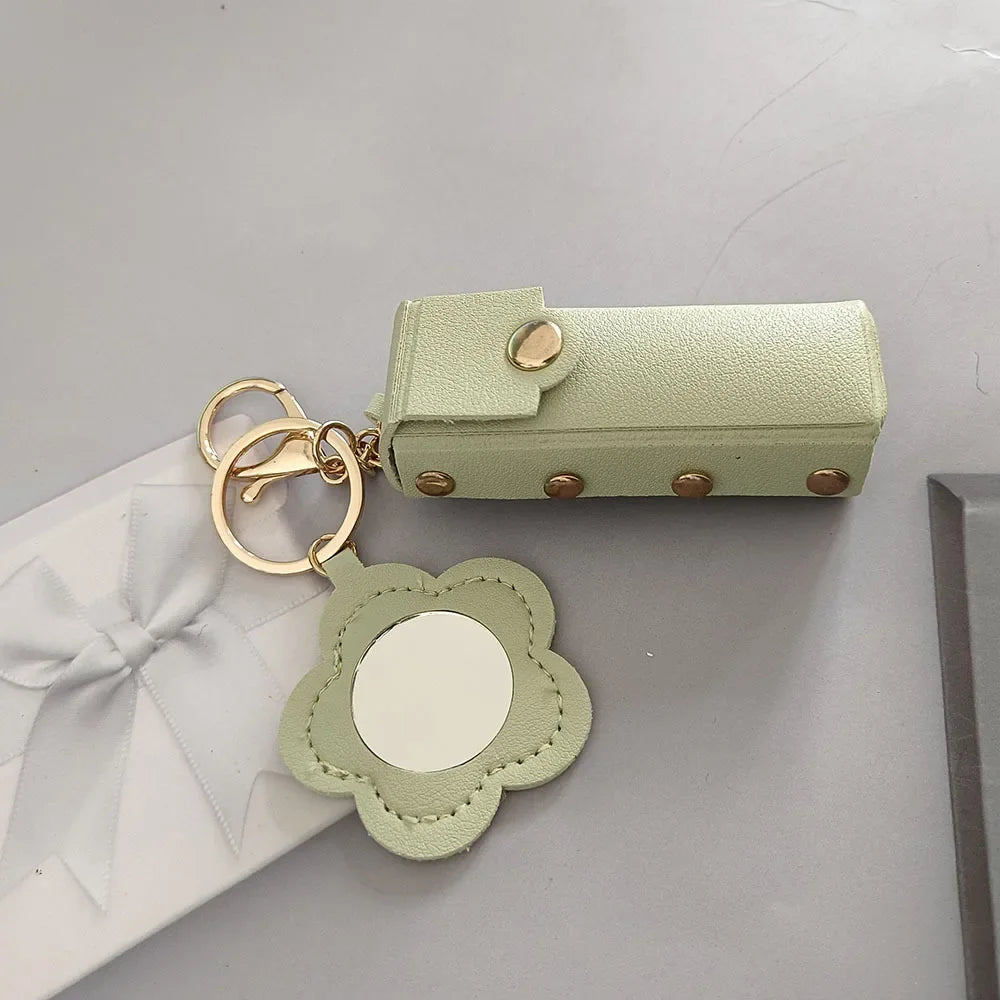 New Portable Lipstick Bag Packet Flower Mirror Keychain Mini Leather Backpack Hangings Key Chain Ring Small Keyring Gift
