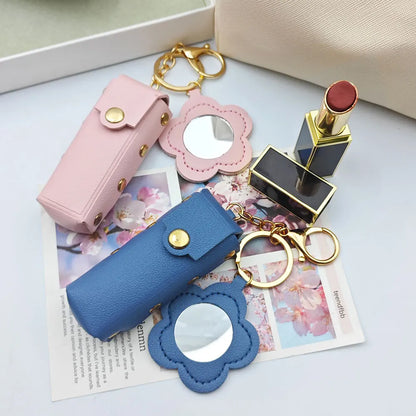 New Portable Lipstick Bag Packet Flower Mirror Keychain Mini Leather Backpack Hangings Key Chain Ring Small Keyring Gift