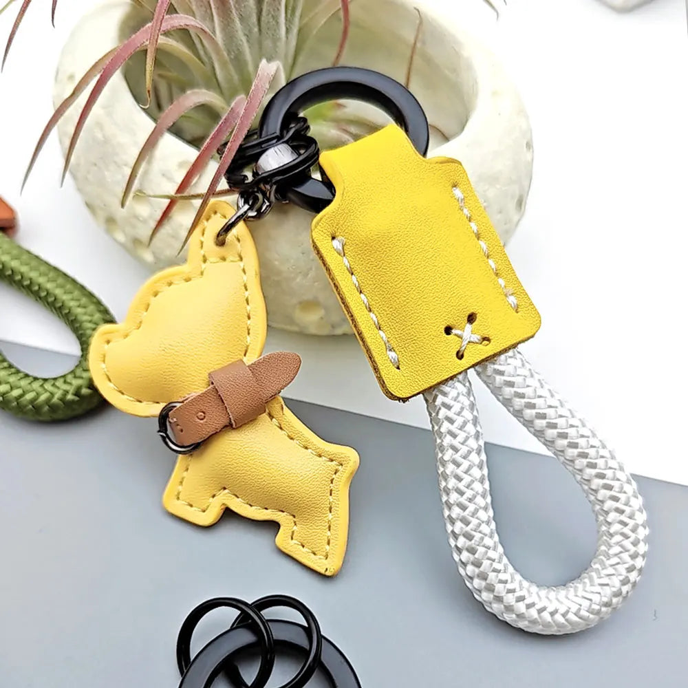 Cartoon Law Fighting Dog Keychain Woven Rope Keyring Custom Name Leather Key Chain Ring Scratch Resistant Prevent Loss Bag Gift