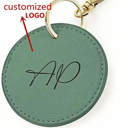 Custom LOGO Name Personalized Round Leather Keychain Clip UV Printing Color Key Ring Chain Carving Pendant Bag Keyring Gift