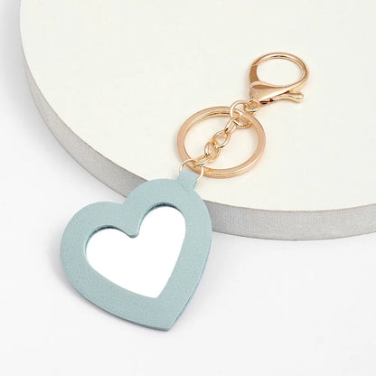 Custom  LOGO Name Leather Put on Makeup Mirror Keychain Love Core Heart Keyring for Woman Pendant Key Ring Chain Gift