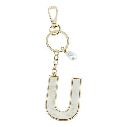Fashion Pendant Keychain with Luxury Pearl Decoration A-Z Initials Keyring Couples Metal Initial Pendant DIY Gift for Men Women