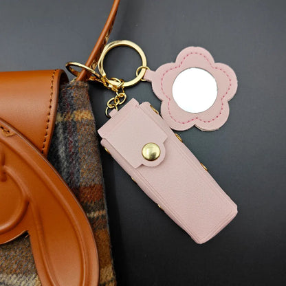 New Portable Lipstick Bag Packet Flower Mirror Keychain Mini Leather Backpack Hangings Key Chain Ring Small Keyring Gift
