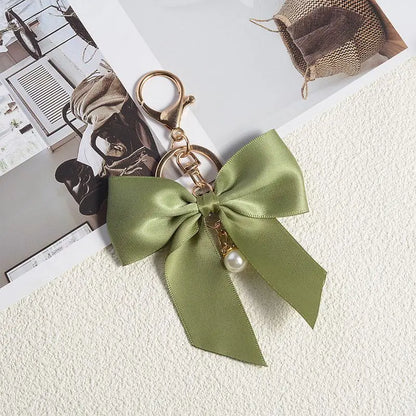Ins Style  Cute Silk Ribbon Cloth Butterfly Keychain Backpack Pendant Moto Car Keyring Color Pearl for Woman Key Ring Chain Gift
