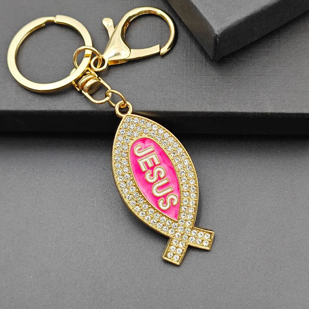 Cartoon Metal Fish Shaped Keychain Originality I Love Jesus Letter Keyring Shining Car Creative Key Chain Ring Souvenir Gift