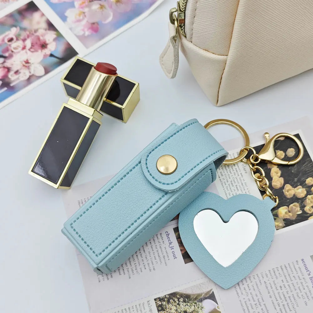 New Portable Lipstick Bag Packet Heart Mirror Keychain Mini Leather Custom Logo Name Key Chain Ring Small Versatile Keyring Gift